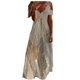 thumbnail image 2 of Puntoco Primavera Y Verano Para Mujer, Cuello En V, Color Sólido, Algodón Y Lino, Costura De Encaje Informal, Vestido De Manga Corta Con Hombros Descubiertos, Beige Xl, 2 of 6
