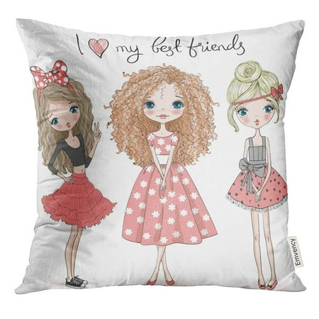 STOAG Pink Drawing Three Beautiful Cute Girls on The with Inscription I Love My Best Friends Graphic Sister Throw Pillowcase Cushion Case Cover 16x16
