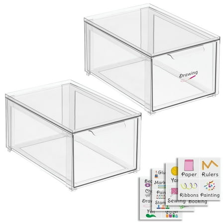 mDesign Plastic Stackable Craft Box Storage Organizer Bin with Pull-Out Drawer - Container Unit for Crafting  Sewing and Hobby Spaces in Home - 2 Pack + 24 Adhesive Identification Labels - Clear