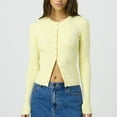 thumbnail image 2 of NINGMENG Womens Tops Solid Color Crochet Knit Cardigan Slim Fitted Long Sleeve Round Neck Ribbed Button Down Knitwear Tops Pullover Tee Shirts Daily-Wear,Yellow,S, 2 of 6