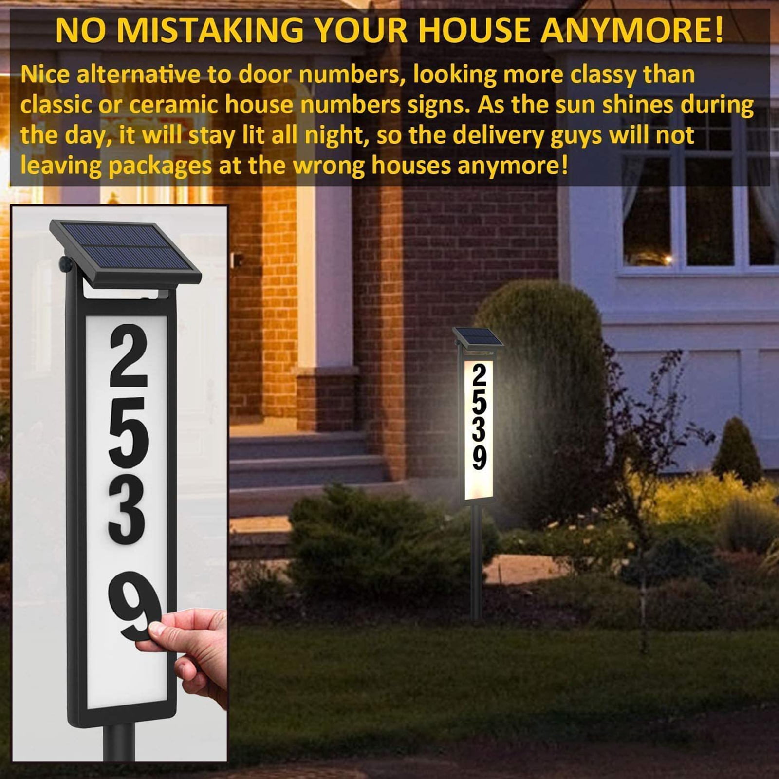 OhhGo Solar Address Sign, House Numbers for Outside Rechargeable LED Illuminated Lighted Address Signs with Waterproof Cover Mailbox Numbers Plaque for Street Yard Garden Driveway