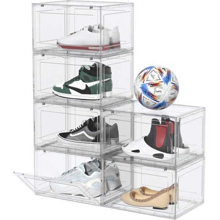 6 Pack Plastic Stackable Shoe Box Shoe Storage Organizer with Magnetic Door Sneakers Boxes Containers Clear