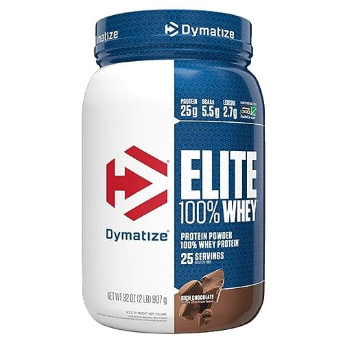 Dymatize Elite 100% proteína de suero en polvo, chocolate, 25 g de proteína, 25 porciones, 5,5 g de BCAA, menos de 140 calorías, sin gluten, 3 g de carbohidratos, 2 g de azúcar, 3 g de grasa