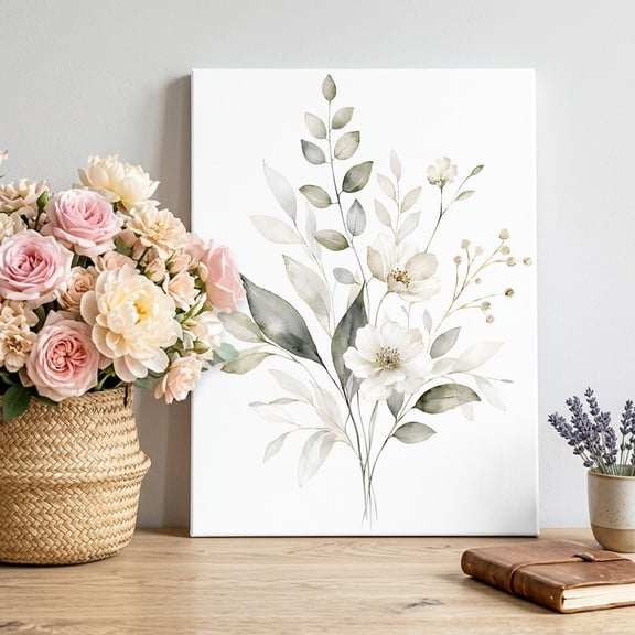 Canvas Wall Art White Floral Canvas Art Print Botanical Elegant Flower Eucalyptus Leaf Minimalist Wall Decor for Living Room Bedroom Artwork Decorations Stretched Framed Ready to Hang 16"x24"