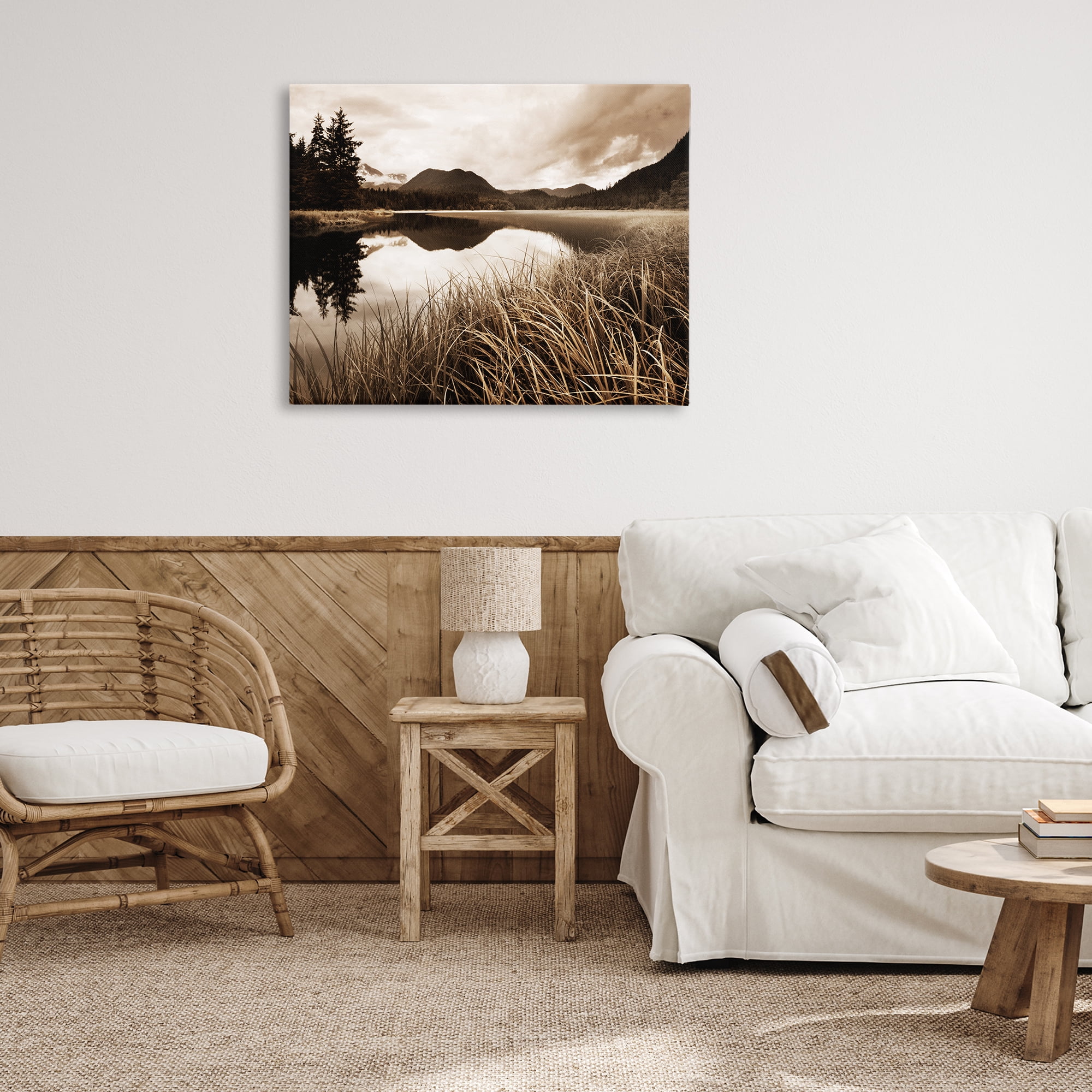 Stupell Industries Sepia Lake Reflection Landscape Photography Gallery Wrapped Canvas Art Print Wall Art, 40 x 30