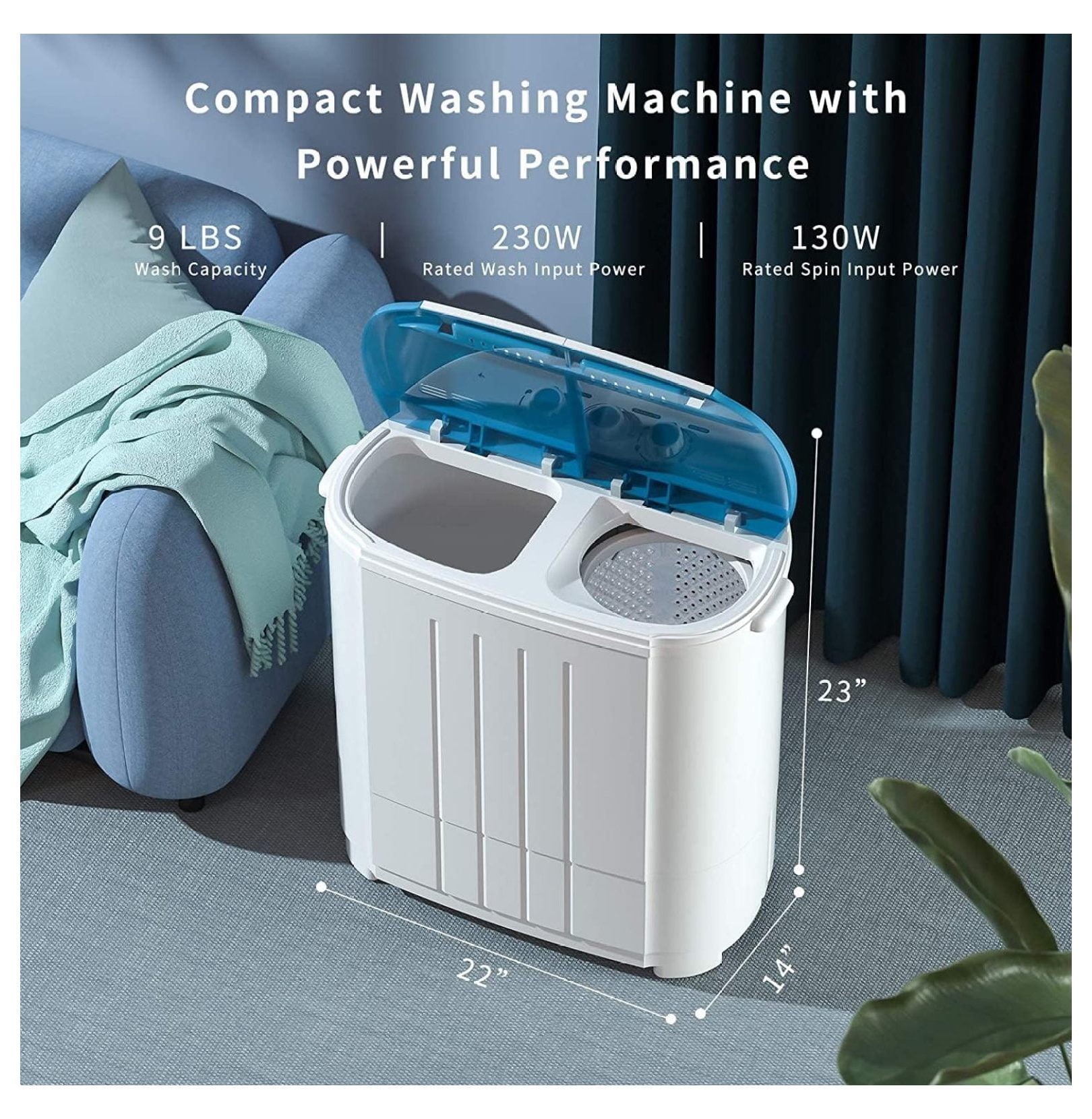 Portable Washing Machine, 14 Lbs Mini Washer and Spin Dryer Combo, 9 lbs Washer, 5 lbs Spinner, Compact Laundry Machine with Drain Hose, Small Washing Machine for Apartments, Dorm, RV
