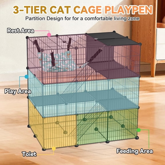 Cat Cage, 3-Tier  Cat Enclosures Catio, Cat Playpen Indoor & Outdoor with Hammock, Detachable Metal Wire Kennel Cats Crate, 2x3x3 Exercise Place for 1-3 Cats/Kitten