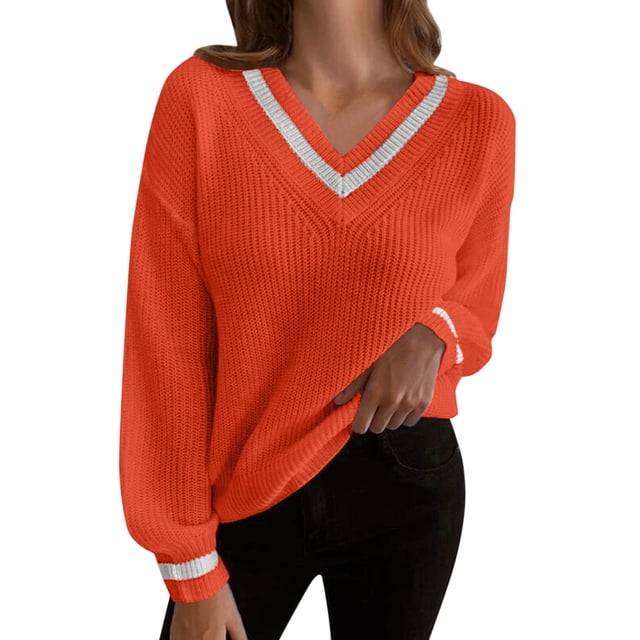 Gibobby Sueter para mujer invierno Suéter informal para mujer Top con cuello en V Color Blocking Pullover Camisa de manga larga de punto Elegante suéter cálido(Naranja,G)