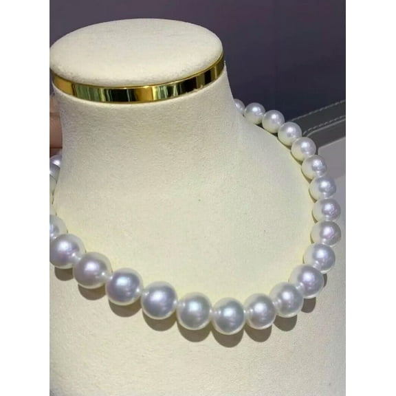 EOEMY Gorgeous Aaa 11-12mm Round Akoya White Natural Pearl Necklace 14K Gold Clasp