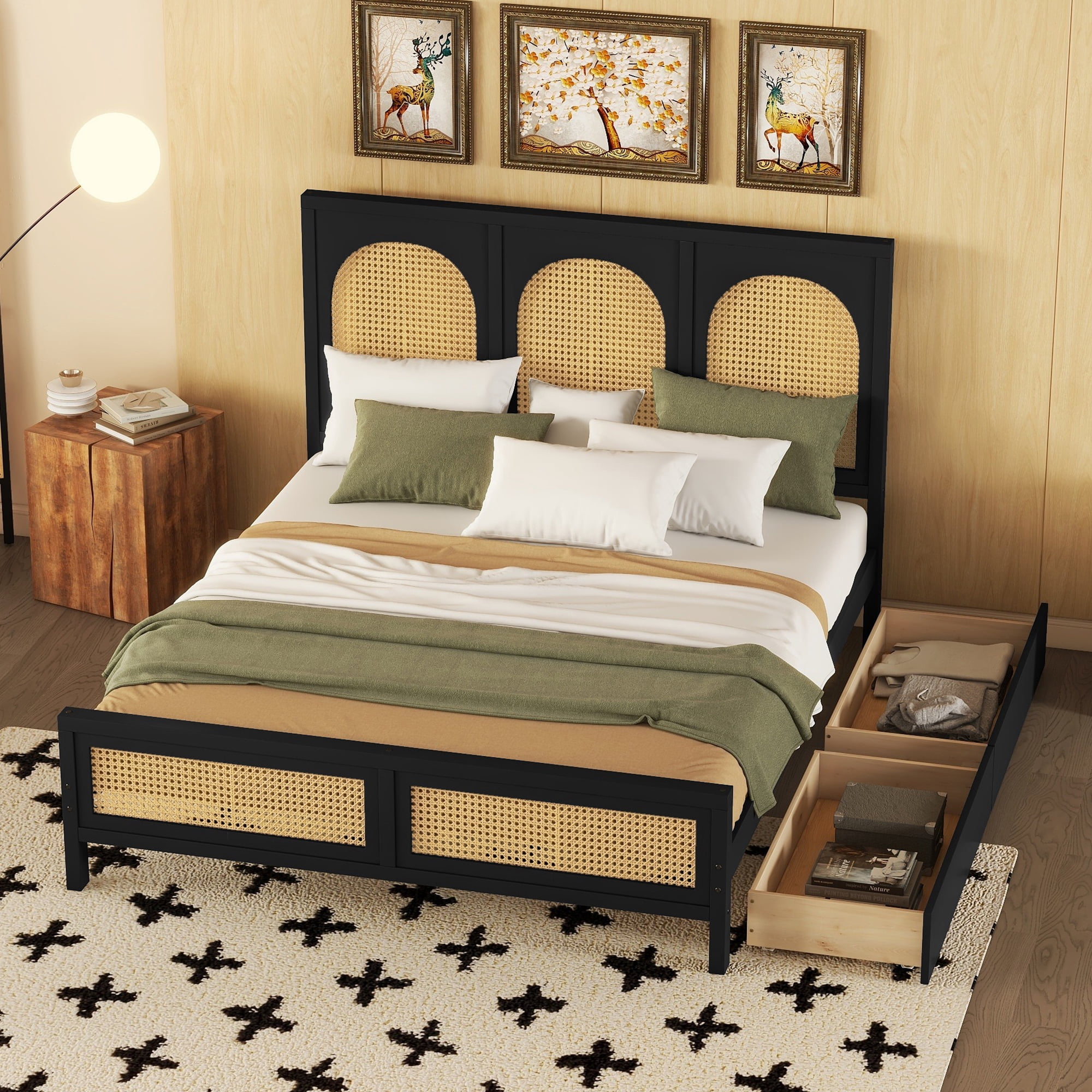 Euroco Full Size Platform Bed with 2 Drawers, Rattan and Wood Frame for Kids Teens, Black