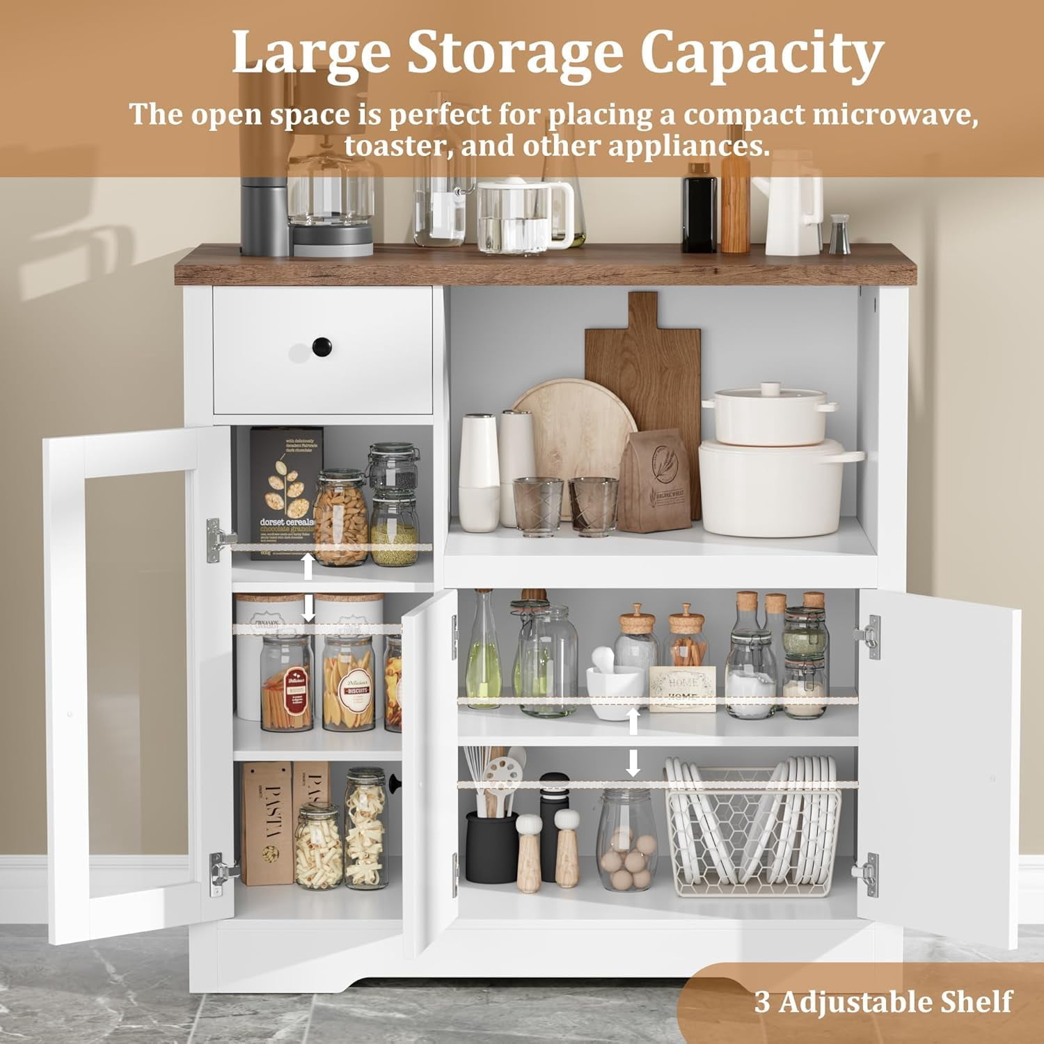 Yeshouse Pantry Storage Cabinet, Multipurpose Kitchen Sideboard with Drawer, 3 Doors & Adjustable Shelving