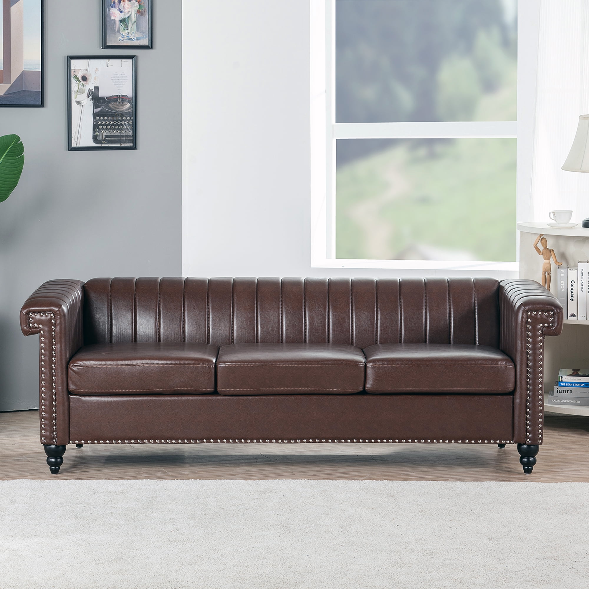 Kadyn 83.66" Removable Cushion 3 Seater Sofa, Modern Pu Sofa for Living Room, Upholstered Pu Sofa Couch with Traditional Square Arm, Dark Brown