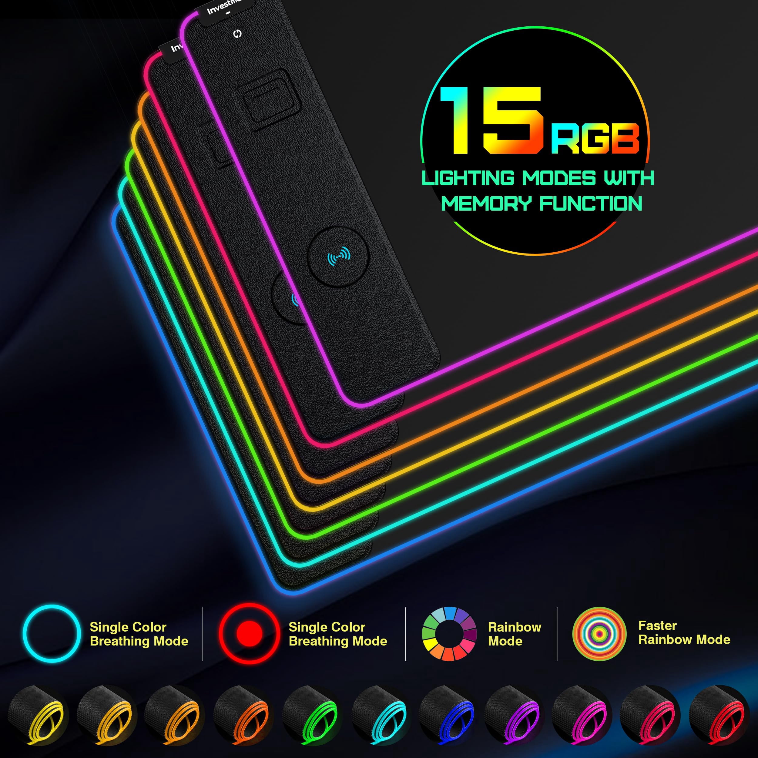 Investme RGB Wireless Charging Gaming Mouse Pad, 15W Fast Charging LED Mouse Mat with 15 Lights Modes, Smooth Surface, Waterproof with Non-Slip Base Large Mousepad