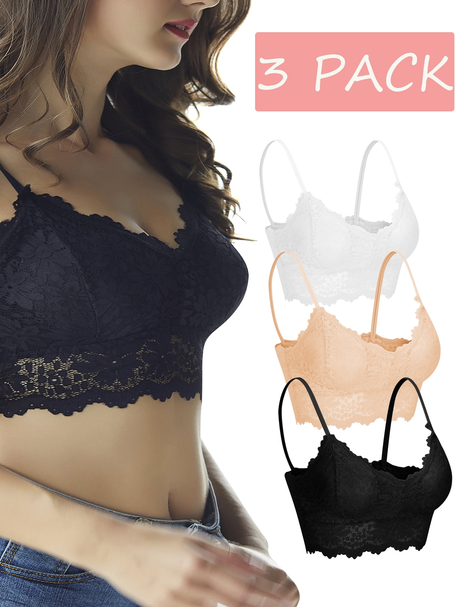 SHCKE 3 PACK Lace Bralette for Women Padded Lace Bandeau Bra with