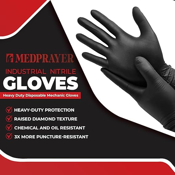 Industrial Nitrile Gloves – Extra Thick Disposable Mechanic Gloves with Diamond Grip (Best for Oil & Chemicals)