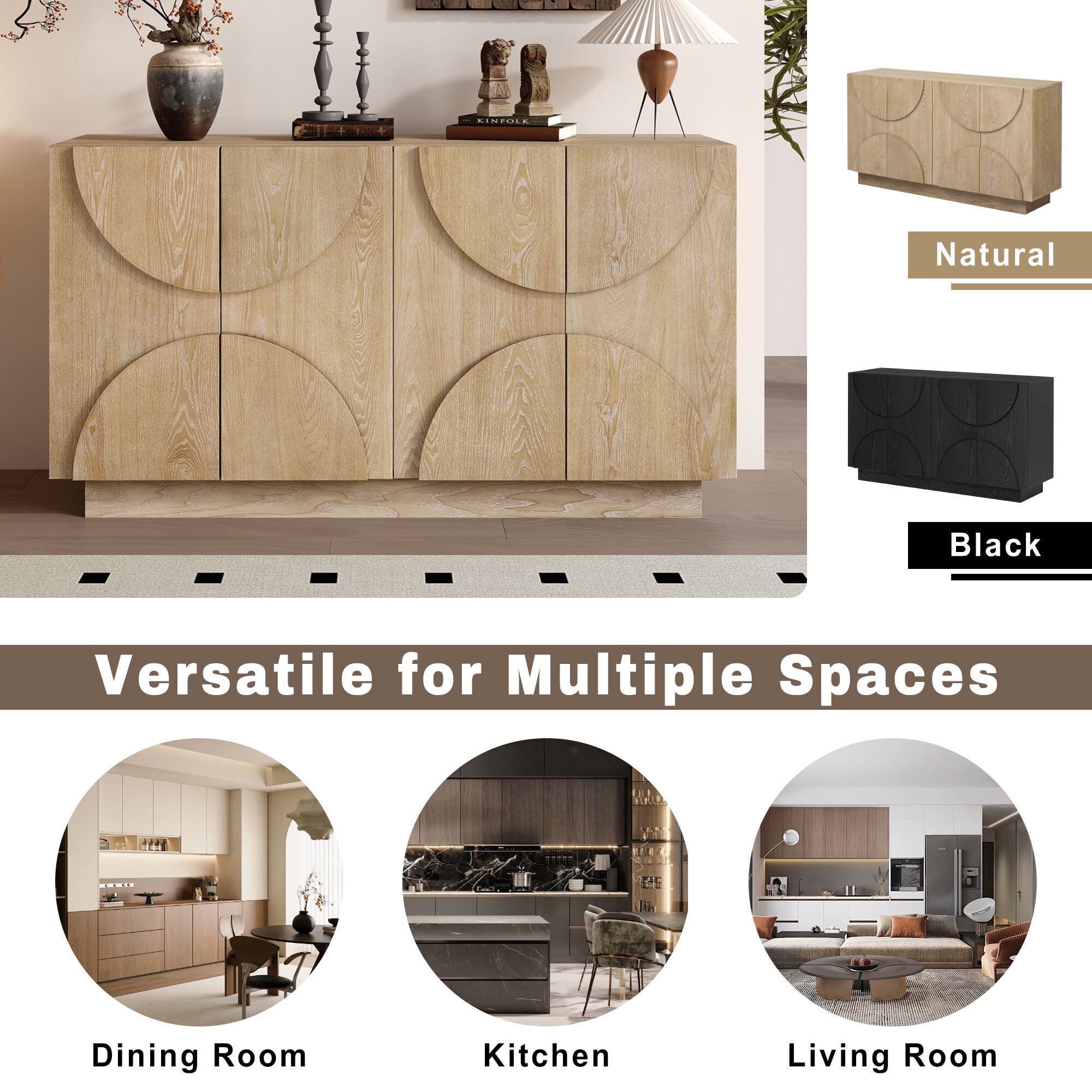 EUROCO 56.3" Large Storage Sideboard,Wood Buffet Cabinet with Adjustable Shelves,4 Doors and Semi-Circular Handles for Kitchen,Living Room,Natural
