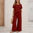 thumbnail image 5 of ClodeEU Women's 2 Piece Casual Set ,Embroidered Short Sleeve Top and Wide Leg Pants ,Solid Color Lounge Outfit Wine,Women's Plus L, 5 of 8