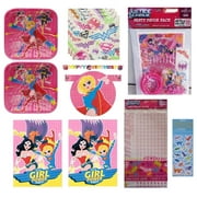 Justice League Girl Birthday Party Bundle includes 16 Dessert Plates, 16 Napkins, 1 Table Cover, 1 Birthday Banner, 16 Invitations and 16 Thank You Notes, 48 Piece Party Favor Pack with Loot Bags