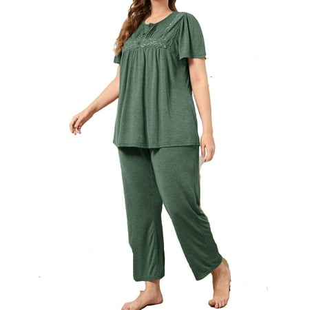 

Casual Round Neck Pant Sets Short Sleeve Green Plus Size Pajama Sets (Women s)