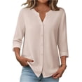 thumbnail image 2 of JoveMarine Women's Solid Color Casual Button Up Blouse Round V-Neck Short Sleeve Top Lightweight Office Work Shirt for Spring Fall Daily Wear Beige M, 2 of 6