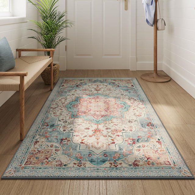 SONGMICS HOME Area Rug, 3x5 ft Rug for Bedroom, Non-Slip Carpet, Traditional Vintage Style, Home Decor, for Living Room, Kitchen, Entryway, Dining Room, Machine Washable, Teal Blue UTAR031Q01