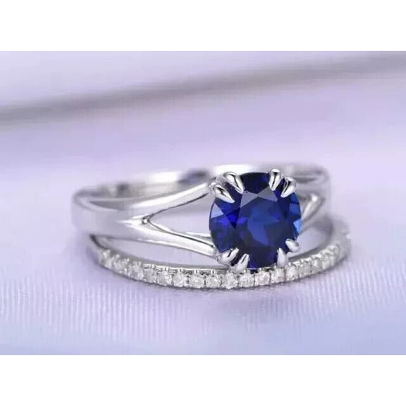 Gems Jewels 14K White Gold Plated 2 Ct Round Cut Sapphire Wedding Engagement Bridal Ring Set For Women's 925 Sterling Silver -9.5