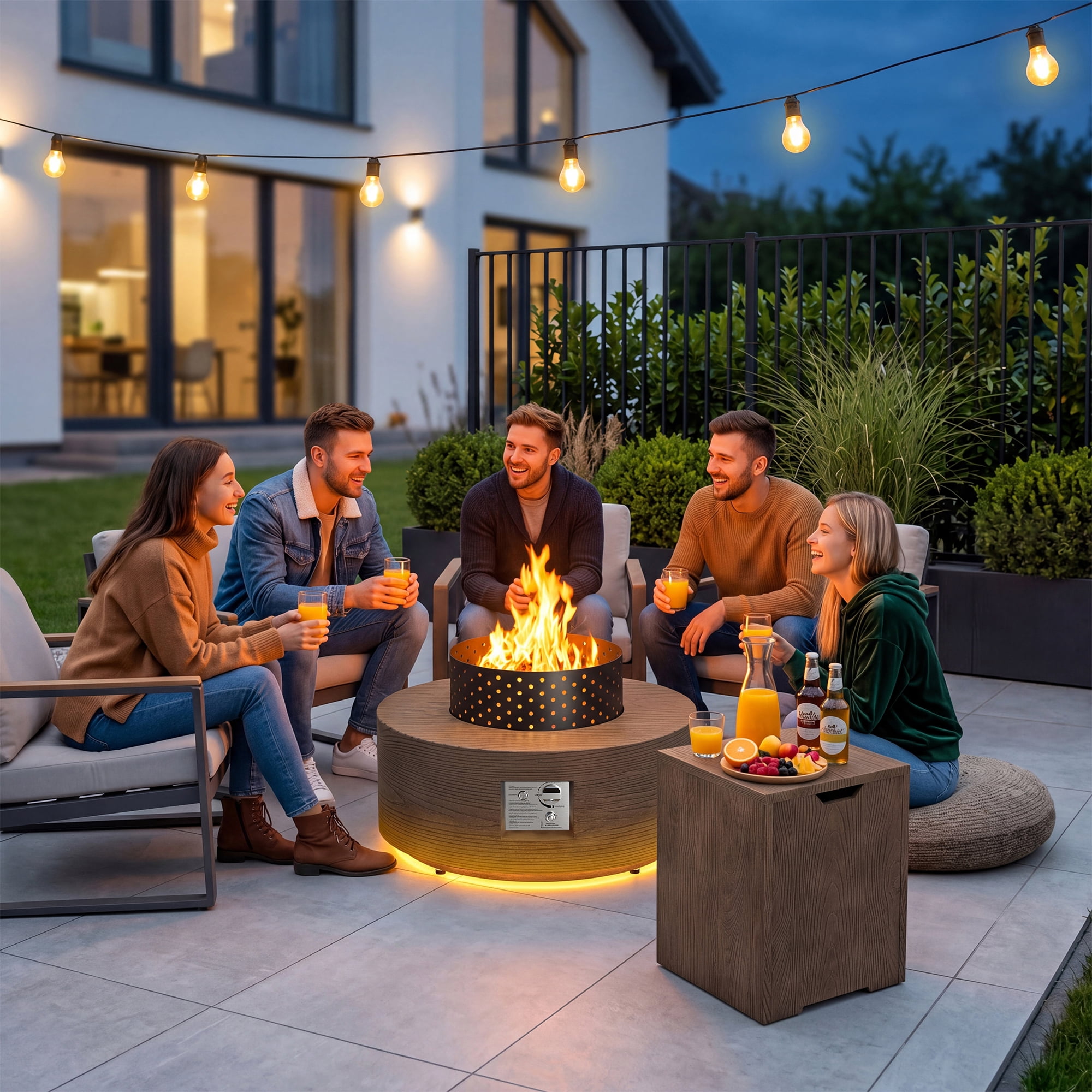30 in. Round Propane Firepit Table with Golden LED Light, 50,000 BTU Outdoor Fire Pit Table in Dark brown Wood Grain