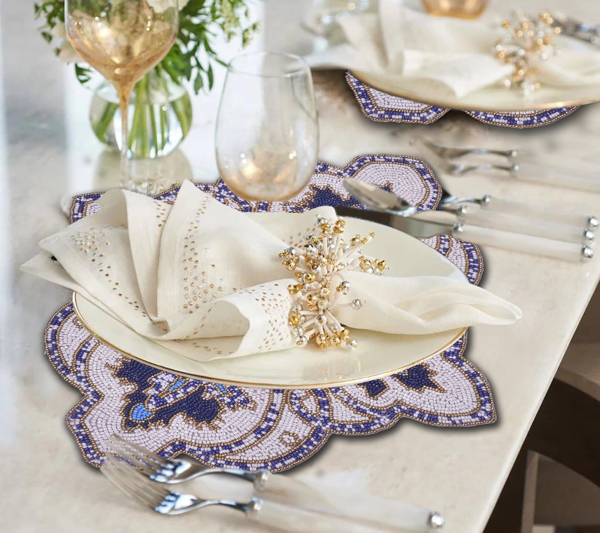 Blue White Beaded Placemats for Fall Autumn Thanksgiving Dining Table Scratch Heat Resistant Charger Mats Kitchen Décor Set of 4