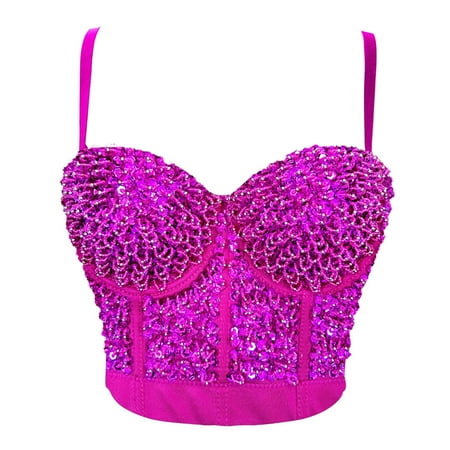 Tao Tao Women s Bustier Crop Top Mesh Corset Top Push Up Rhinestone Diamond Bra Club Party Vest Hot Pink S