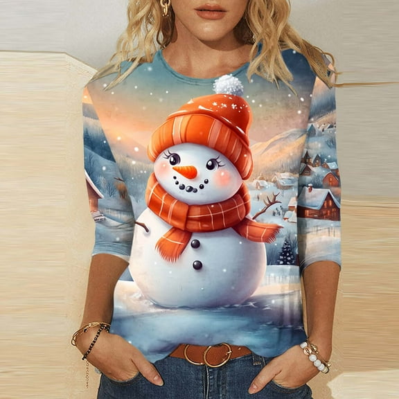 Wancir Merry Christmas 3/4 Sleeve Tops for Women Crewneck Snowflake Snowman Holiday Shirts Xmas Tree Tops Xmas Gifts