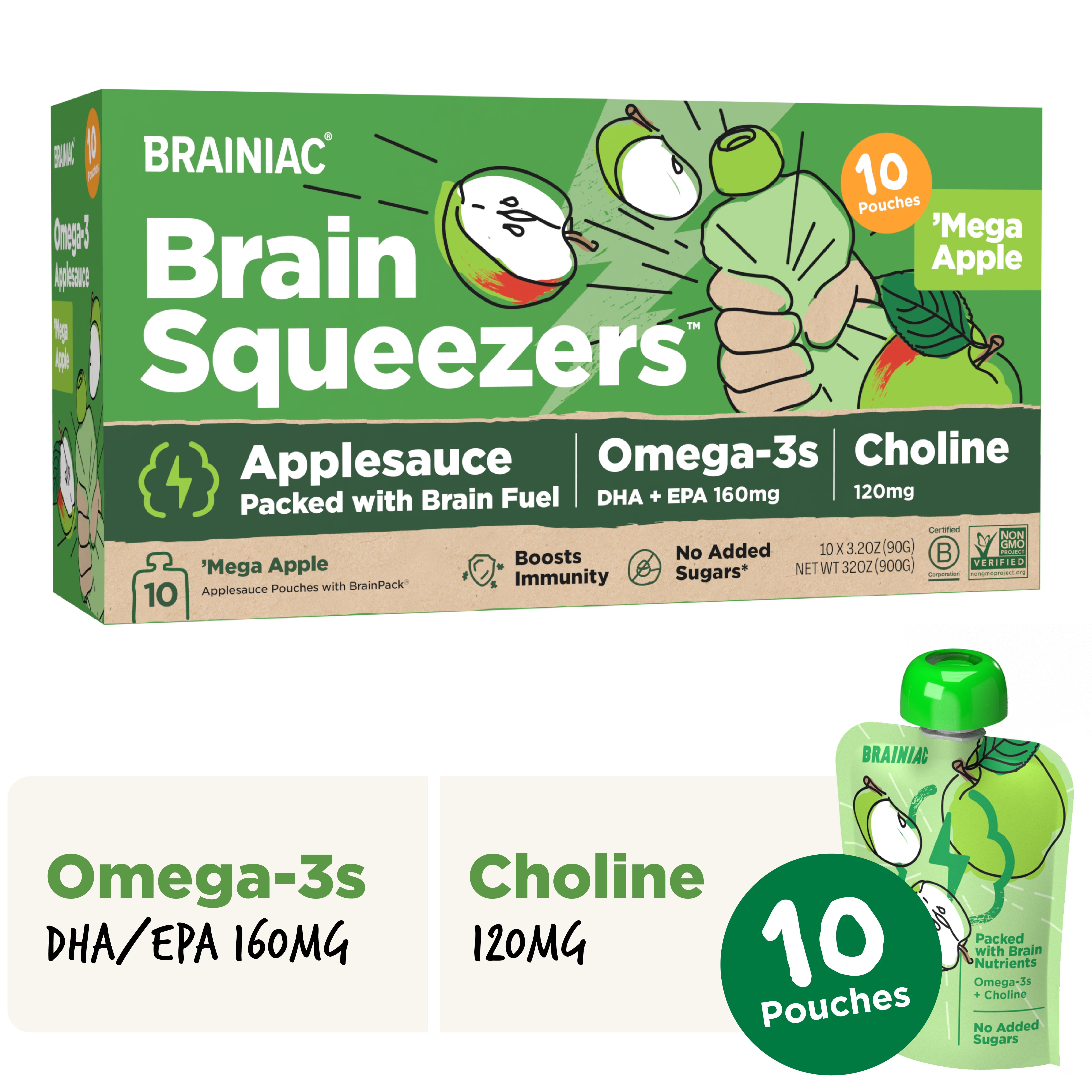 Brainiac Omega-3 Applesauce, Apple, No Sugar Added, 3.2 oz, 10 Ct