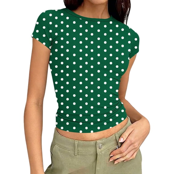 Ploka Dots Tight T-Shirt for Women Summer Slim Fit Crewneck Short Sleeve Baselayer Tee Tops Going Out Cropped Blouse