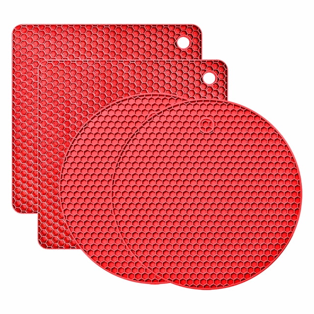 Toystoory Gel de sílice apto para alimentos y fácil de limpiar, juego de alfombrillas para ollas de cocina, juego de alfombrillas redondas de Mostrada rojo 8mm*2+6mm *2