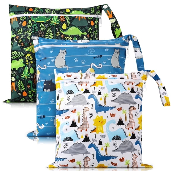 KABOER 3 Pack Wet Dry Bags, Mess Proof and Waterproof Travel Bags, Diaper Bags with Cartoon Print for Baby, Dinosaur, Cat,11.8"x11" Reusable Storage Bags for Daycare,Travel,Swimming