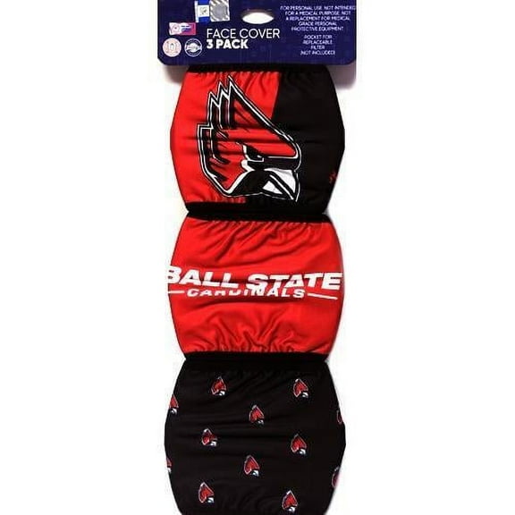 Ball State Cardinals Cloth Face Masks with Ear Loops and Filter Pocket (3 Pack) Adult
