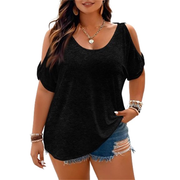 Cold Shoulder Tops for Women V-Neck Short Sleeve Women's T-Shirts Loose Relaxed Tshirts Shirts for Women Slight Drop Hem 2XL Black