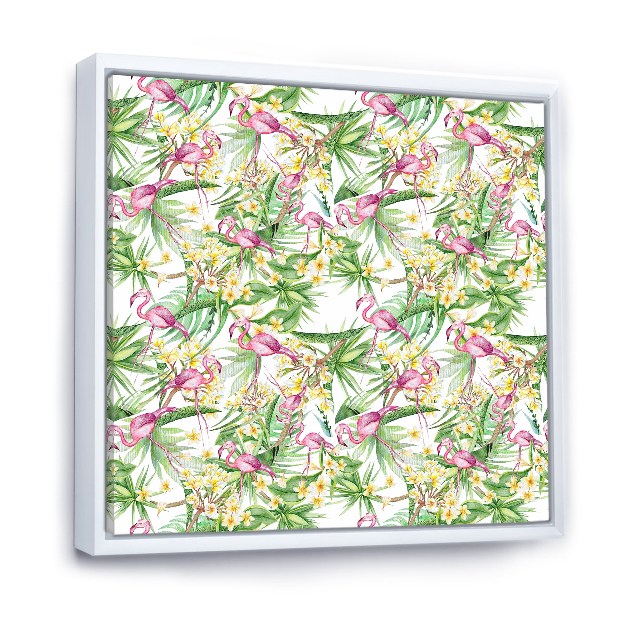 Designart 'Yellow Flowers, Tropical Foliage With Flamingo II' Modern Framed Canvas Wall Art Print