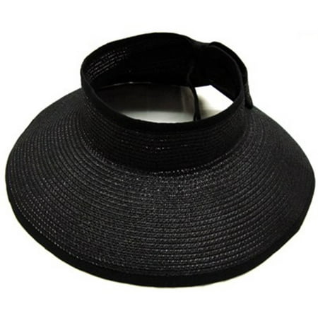 Women's Wide Brim Roll-up Straw Hat Sun Visor Black