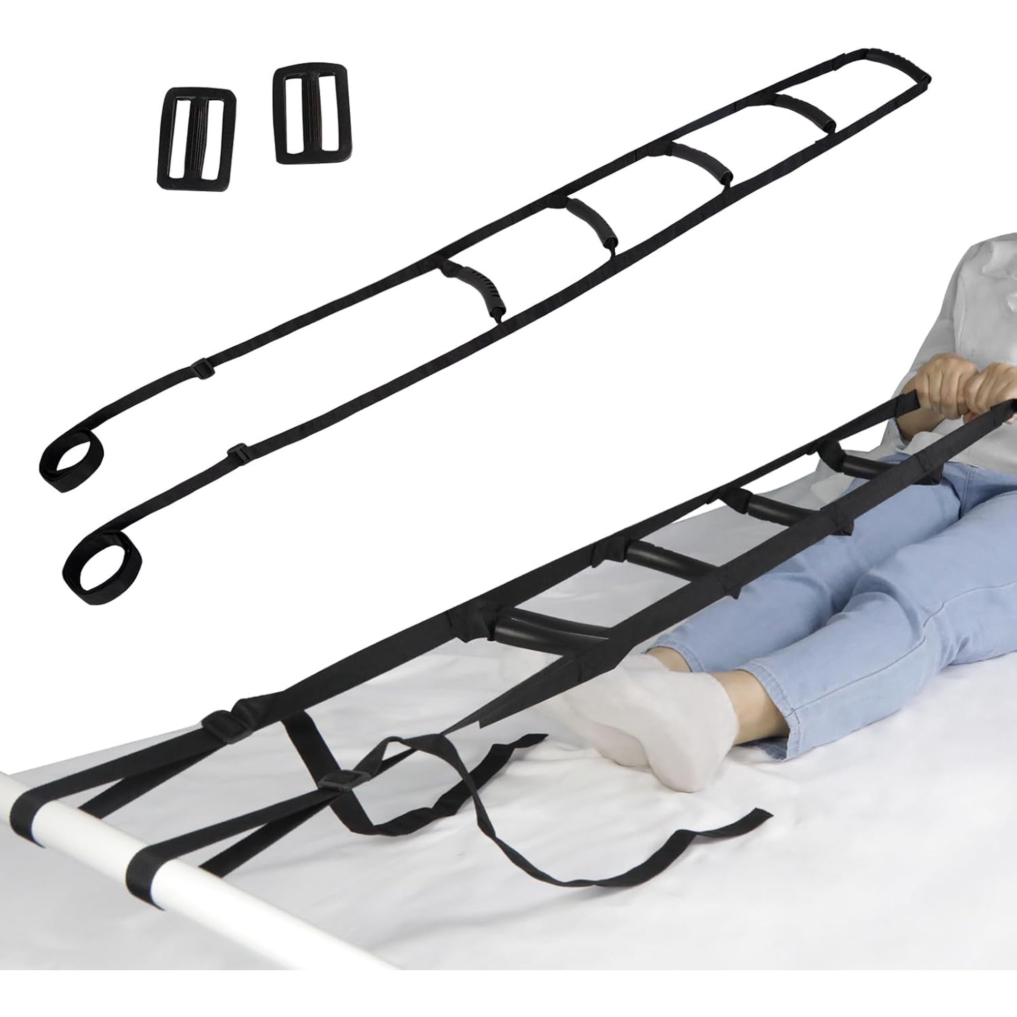 Bed Ladder Assist with 6 Foam Handles - Adjustable up to 80 inches, 300lb Capacity, Tool-Free Installation for Seniors, Pregnant & Injury Recovery, Portable Bed Pull-Up Aid