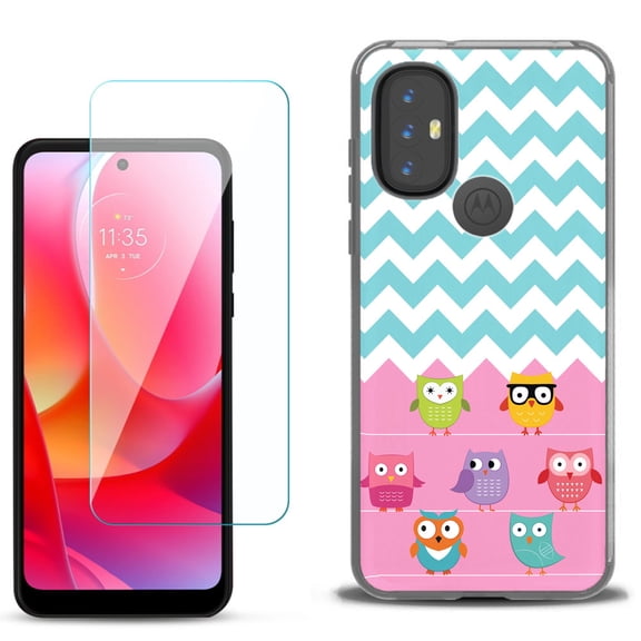 Slim-Fit Gel TPU Phone Case for Motorola Moto G Power 2022, with Tempered Glass Screen Protector, by OneToughShield ® - Chevron/Teal/Owl