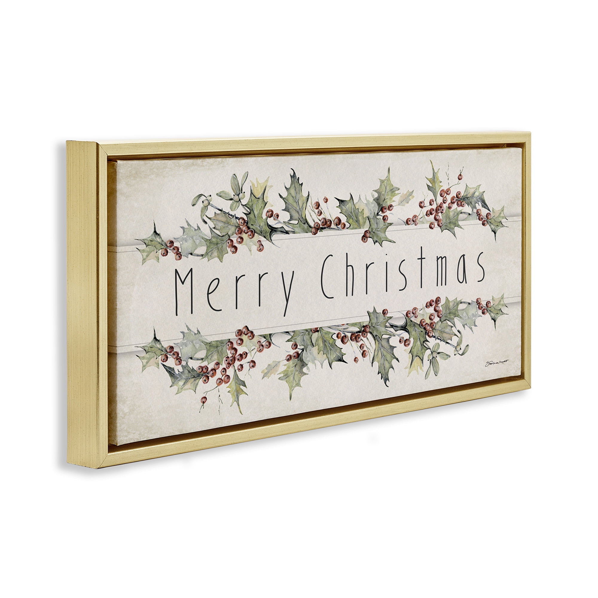 Stupell Industries Vintage Merry Christmas Sentiment Holiday Painting Gold Floater Framed Canvas Art Print Wall Art, 25 x 11