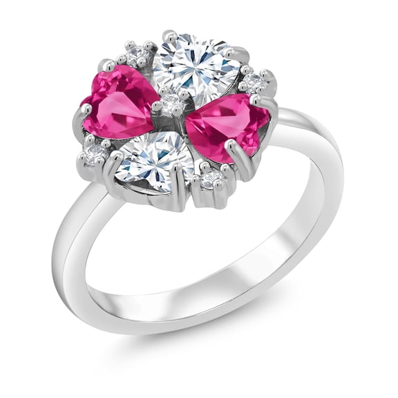 Gem Stone King 925 Sterling Silver Pink Created Sapphire and Moissanite Ring for Women (2.28 Cttw, Heart Shape 5MM, Gemstone September Birthstone, Size 6)