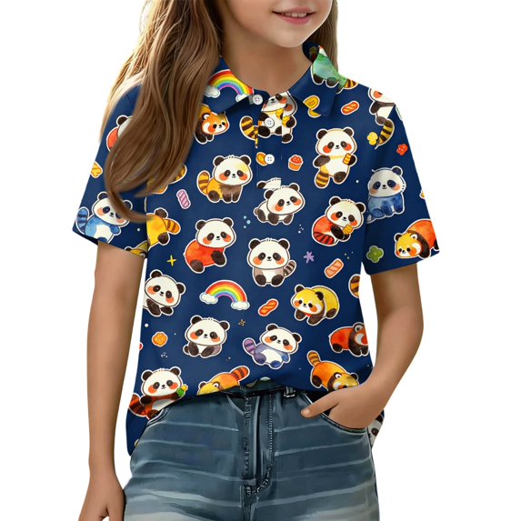 Girls School Uniform Henley Short Sleeve Cute Cartoon Animal Print Polo Shirts Button Closure Active Causal T Shirts, 110