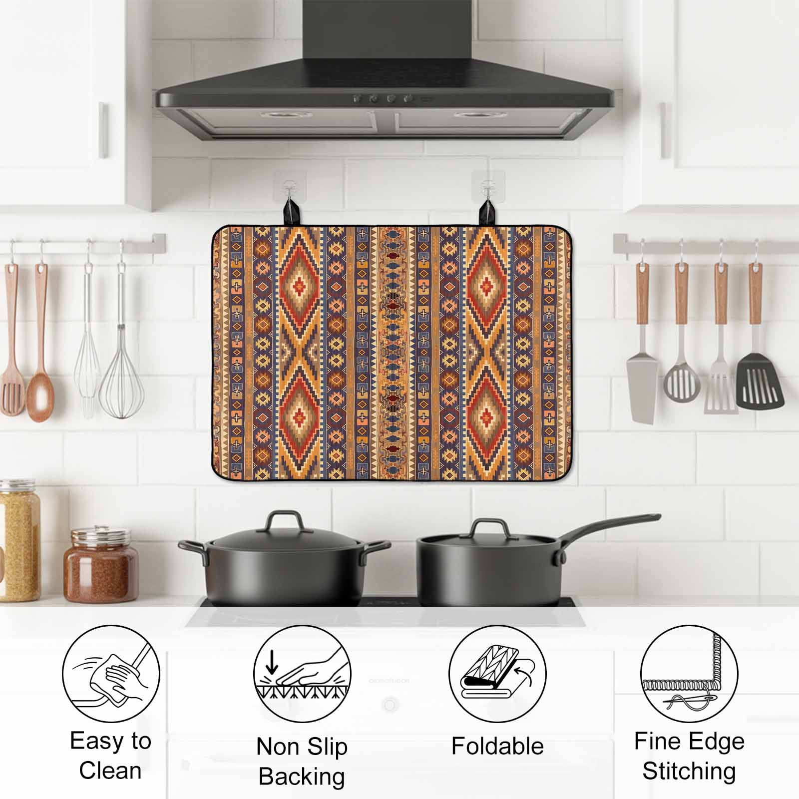 Southwest Boho Stove Top Cover for Electric Stove, Heat-proof & Non Slip Glass Top Stove Cover Protector, Retro Farmhouse Abstract Geometric Striped Kitchen Flat Cooktop Rubber Mat 24x21 Inches