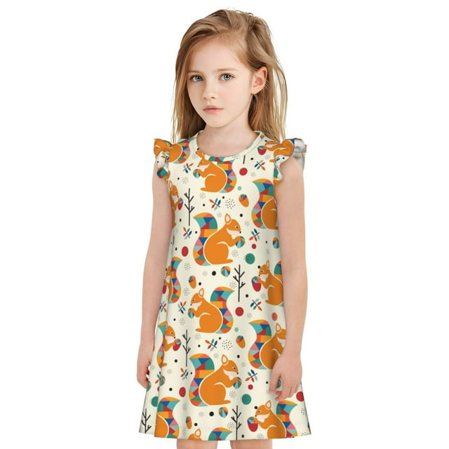 Vsdgher Écureuil à Queue Colorée pour Filles Chemises de Nuit Tout-Petits Manches Courtes Volantées Nuisette Robe de Nuit Tenue de Sommeil Pyjamas pour Fête Pyjama-Grand