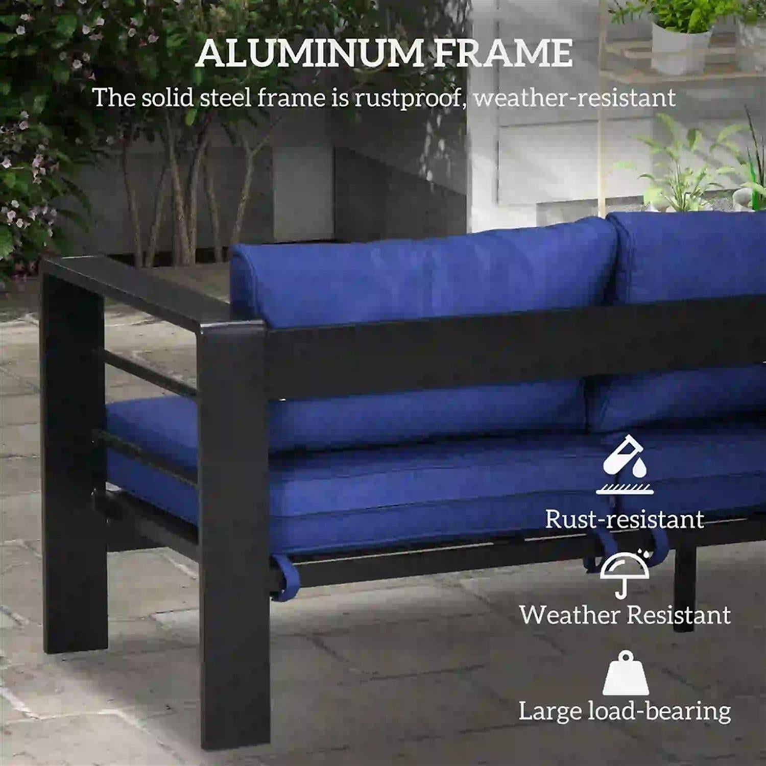 Demi Bonn Outdoor Loveseat Sofa Aluminum Patio Furniture with Wide Armrests, All-Weather Metal Outdoor Couch with Cushions, Blue