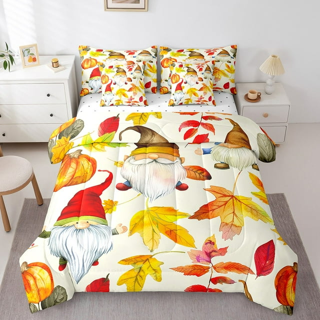 Fall Gnome Bed in a Bag Twin 7 Pieces - Twin Size Comforter Set,Autumn Tree Leaf Bedding Sets Botanical Plant Leaves Bed Set with Comforter,Sheets,Pillowcases & Shams
