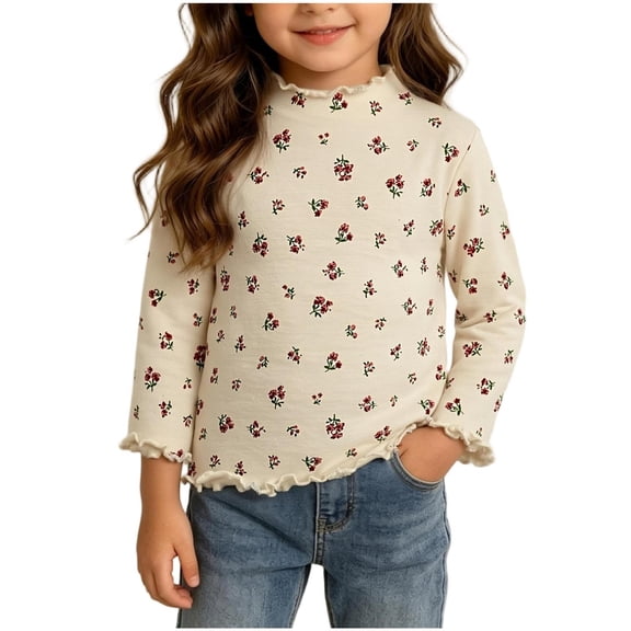 SERTGUTR Girls Mock Neck Top Ruffle Trim Floral Print Long Sleeve Ribbed Knit Soft Casual Basic Undershirt for School Layering