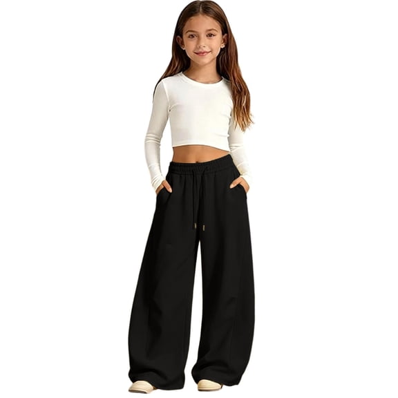 lnmuld Girls Wide Leg Sweatpants Fabric Drawstring Elastic High Waist Dual Side Pockets Soft Heavy Knit Minimal Casual Trousers Color:Black,Size:6-7 Years