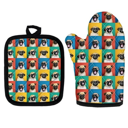 

Cute Potholders Oven Mitts Microwave Baking Gloves Pug Dog Print Insulation Gloves and Mat Polyester Kitchen Gloves for Cooking